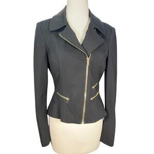 Y2K 2000s Glam Cache Black Moto Blazer Size 6 Gold Zip Fitted Peplum Jacket